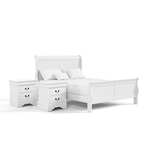 Right facing three-piece traditional white finish solid wood queen bedroom set with (1) queen sleigh bed and (2) two-drawer nightstands on a white background