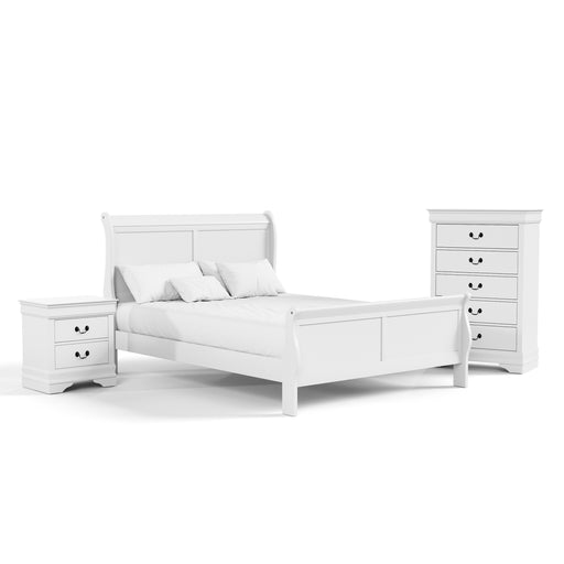 Right facing three-piece traditional white finish solid wood queen bedroom set with (1) queen sleigh bed, (1) two-drawer nightstand, and (1) five-drawer chest on a white background