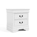 Right facing traditional white finish solid wood two-drawer nightstand on a white background