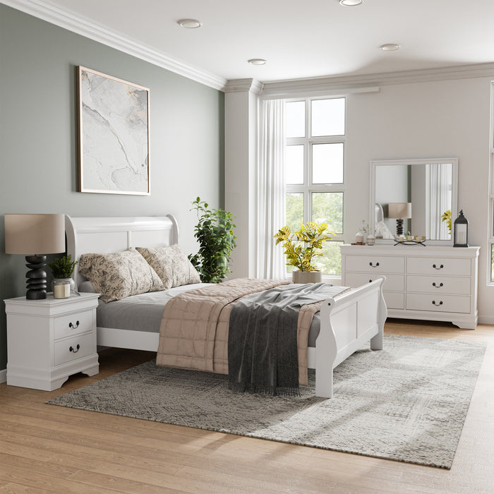 Right facing four-piece traditional white finish solid wood queen bedroom set with (1) queen sleigh bed, (1) two-drawer nightstand, (1) six-drawer dresser, and (1) mirror in a room with linens and accessories