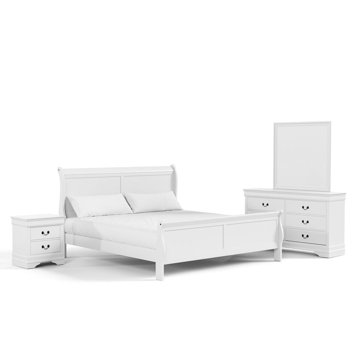 Right facing four-piece traditional white finish solid wood queen bedroom set with (1) queen sleigh bed, (1) two-drawer nightstand, (1) six-drawer dresser, and (1) mirror on a white background