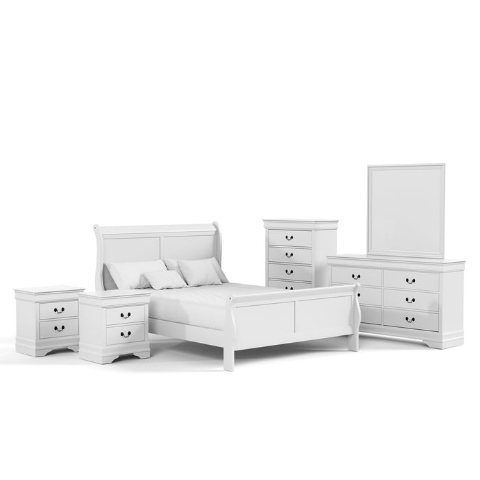 Right facing six-piece traditional white finish solid wood queen bedroom set with (1) sleigh bed, (2) two-drawer nightstands, (1) five-drawer chest, (1) six-drawer dresser, and (1) mirror on a white background