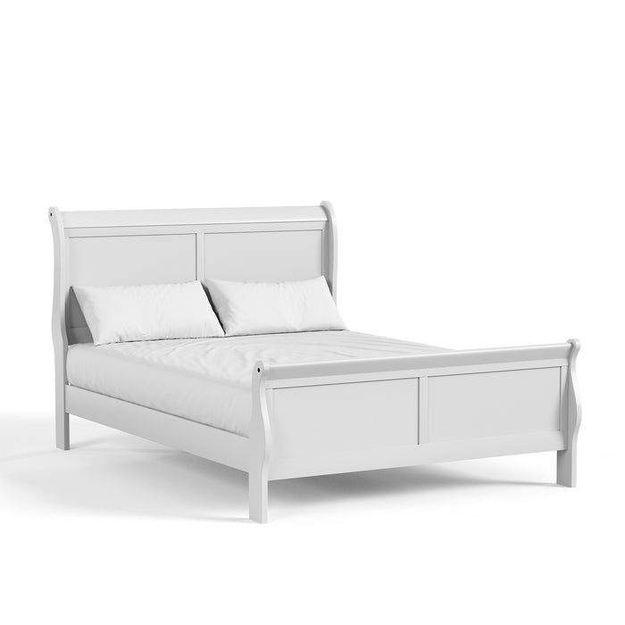 Right facing traditional white finish solid wood queen bed with linens on a white background