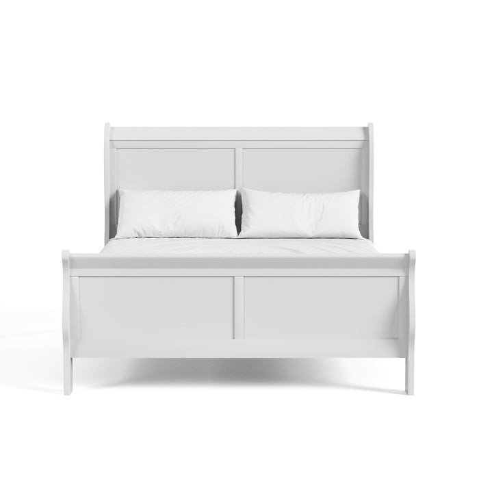 Front facing traditional white finish solid wood queen bed with linens on a white background