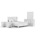 Right facing five-piece traditional white finish solid wood queen bedroom set with (1) sleigh bed, (2) two-drawer nightstands, (1) six-drawer dresser, and (1) mirror on a white background