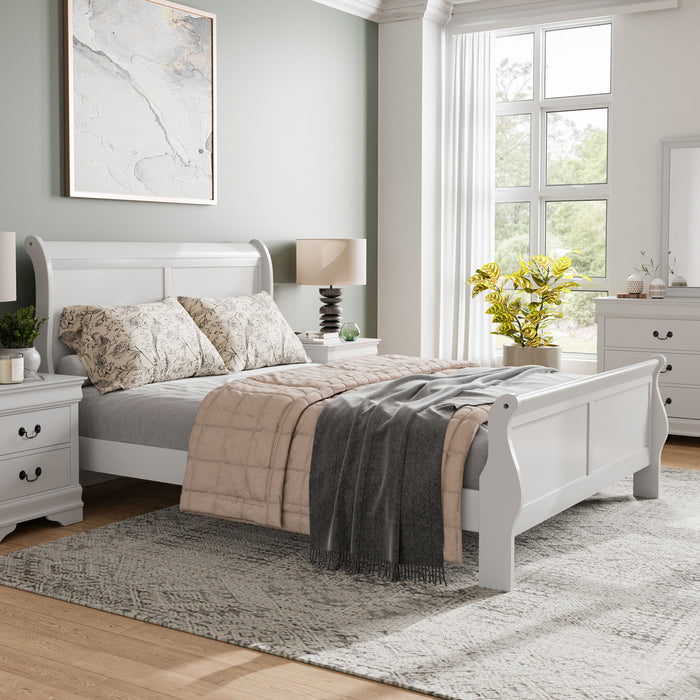 Left facing traditional white finish solid wood queen sleigh bed in a room with linens and accessories