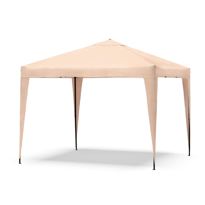 Left facing modern beige portable camping gazebo canopy with roof and anchors on a white background