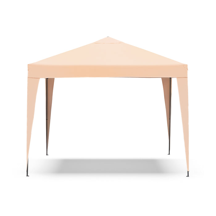 Front facing modern beige portable camping gazebo canopy with roof and anchors on a white background