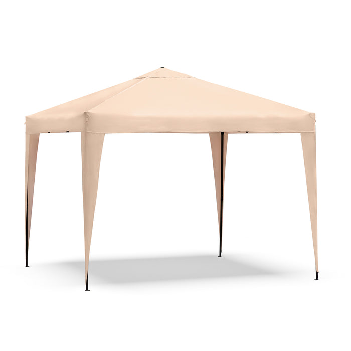 Right facing modern beige portable camping gazebo canopy with roof and anchors on a white background