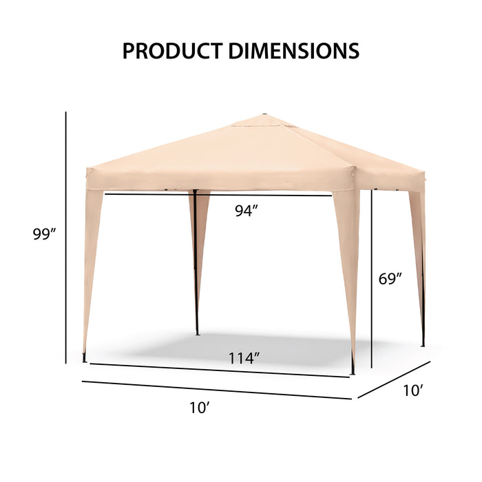 Informational image of a left facing modern beige portable camping gazebo canopy with roof and anchors overlaid with product dimensions on a white background