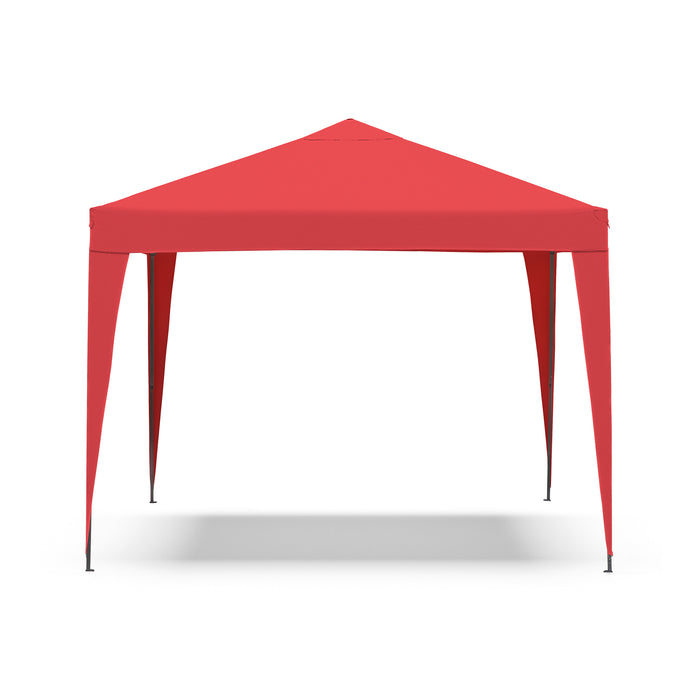 Front facing modern red portable camping gazebo canopy with roof and anchors on a white background