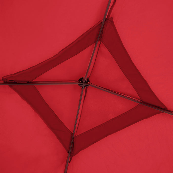 Close up view of the roof apex of a modern red portable camping gazebo canopy with roof and anchors