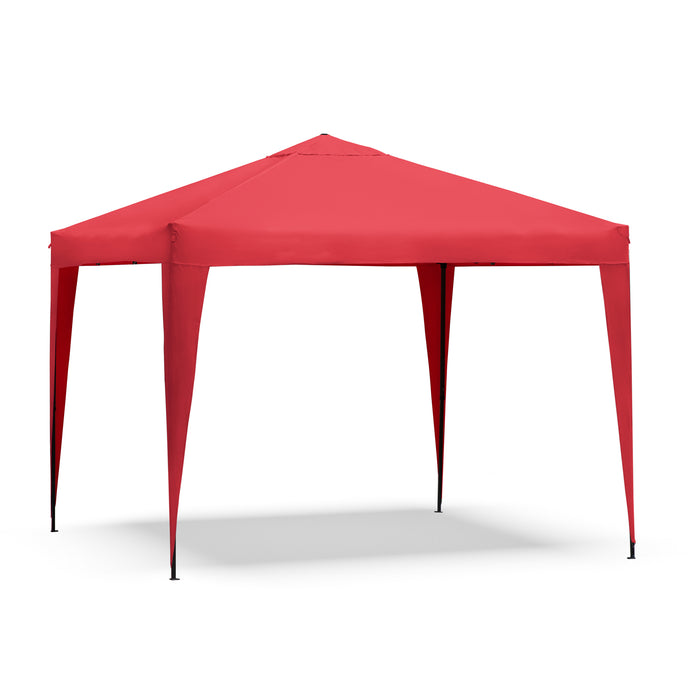 Right facing modern red portable camping gazebo canopy with roof and anchors on a white background