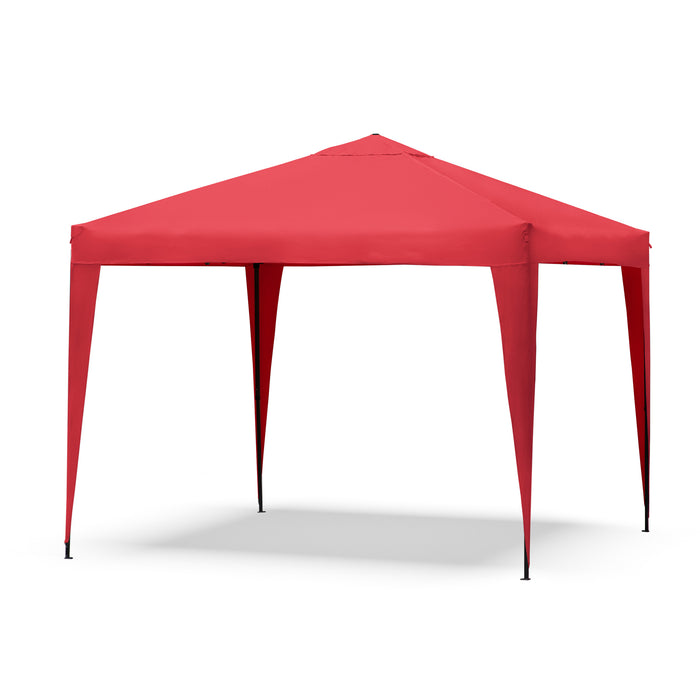 Left facing modern red portable camping gazebo canopy with roof and anchors on a white background