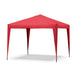 Left facing modern red portable camping gazebo canopy with roof and anchors on a white background