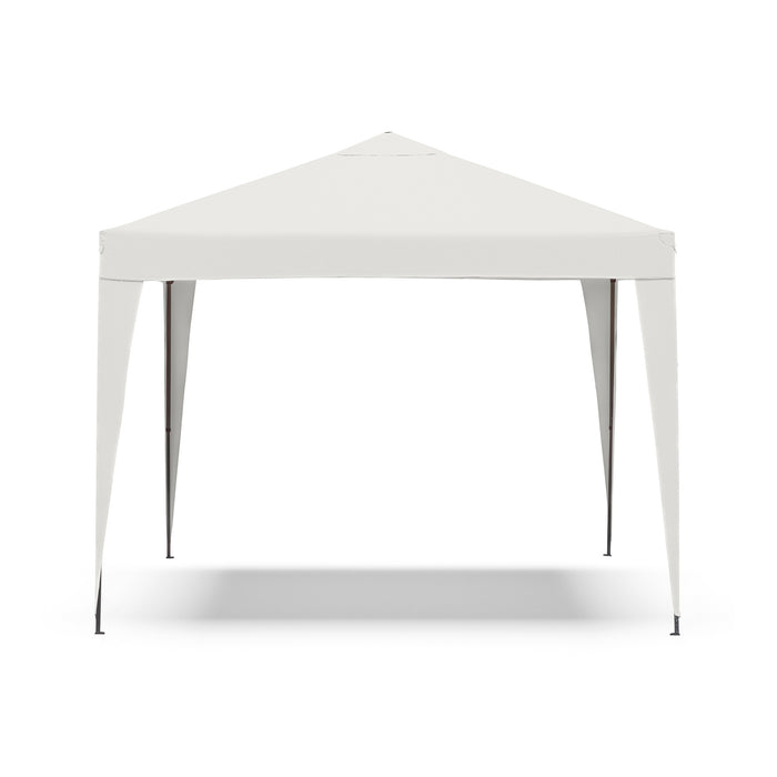 Front facing modern white portable camping gazebo canopy with roof and anchors on a white background