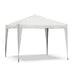 Right facing modern white portable camping gazebo canopy with roof and anchors on a white background