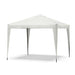 Left facing modern white portable camping gazebo canopy with roof and anchors on a white background