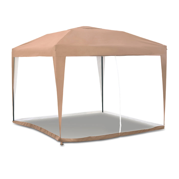 Right facing modern beige portable camping gazebo with protective netting on all sides on a white background