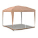 Right facing modern beige portable camping gazebo with protective netting on all sides on a white background