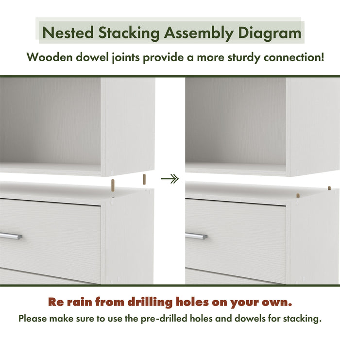 A nested stacking assembly diagram showing a modern two-drawer storage cabinet being stacked with dowels for security