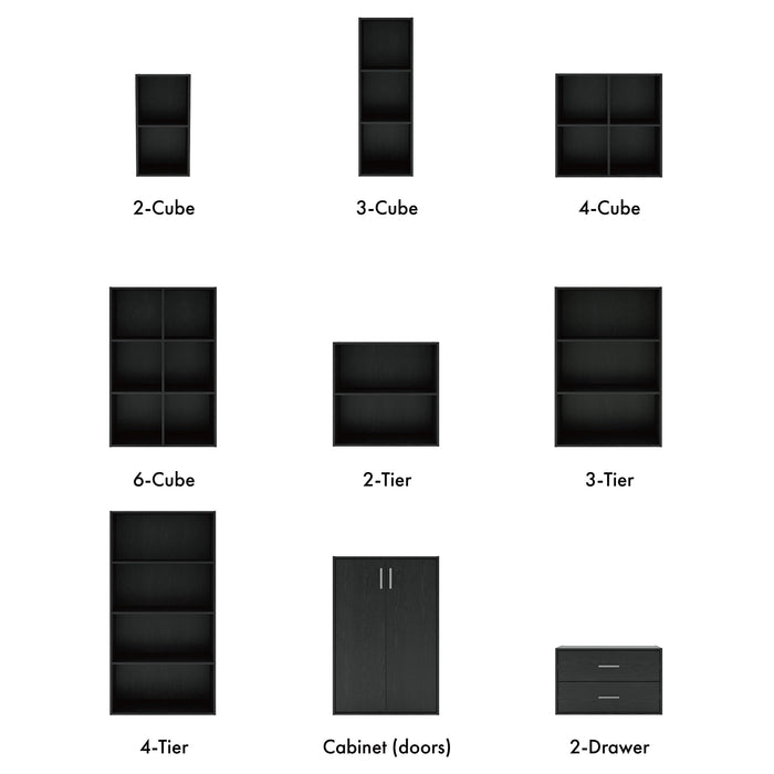 Nine-panel composite image showing each of the modular pieces that can be included to create a custom modern storage solution, on a white background