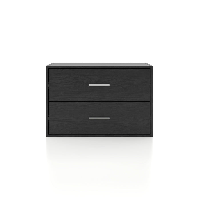 Front facing modern two-drawer black storage cabinet with silver handles on a white background