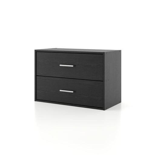 Left facing modern two-drawer black storage cabinet with silver handles on a white background