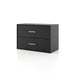 Left facing modern two-drawer black storage cabinet with silver handles on a white background