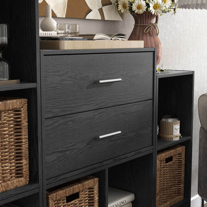 Right facing modern two-drawer black storage cabinet with silver handles in a larger modular bookcase with accessories