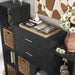 Left facing modern two-drawer black storage cabinet with silver handles in a larger modular bookcase with accessories