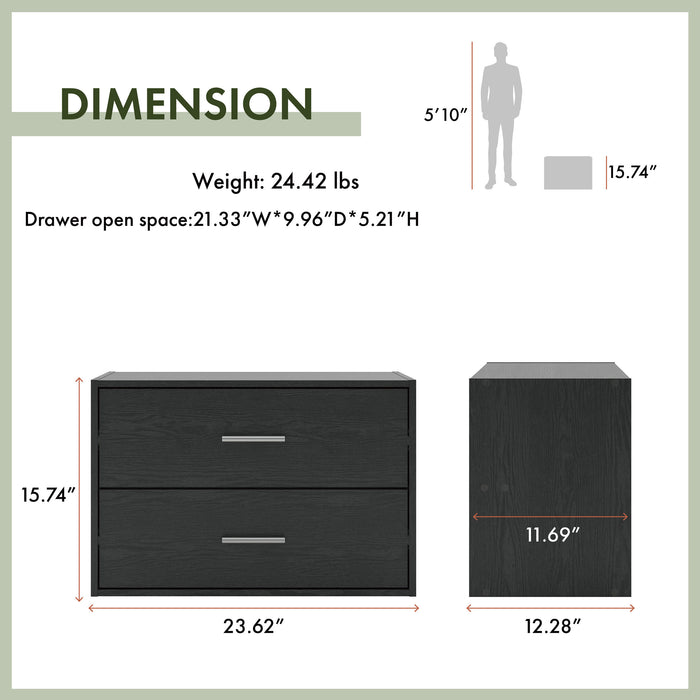 Dimensional image rendering of a modern two-drawer storage cabinet that includes two views and dimensions