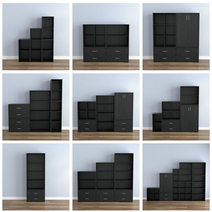 Nine-panel composite image of a modern two-drawer storage cabinet in various larger modular configurations