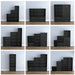 Nine-panel composite image of a modern two-drawer storage cabinet in various larger modular configurations