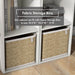 Fabric storage bins shown in a modern cubby style bookcase with a white finish and accessories