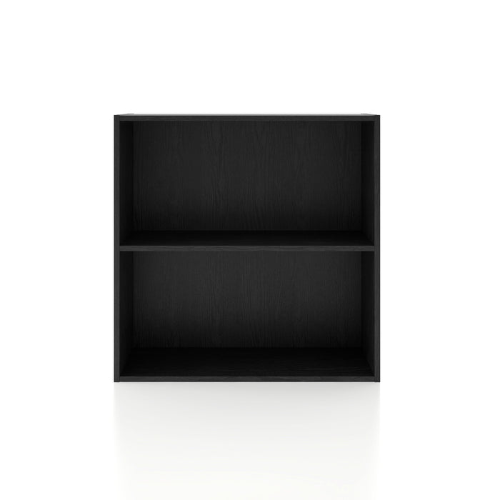 Front facing durable modern two-shelf black storage bookcase on a white background