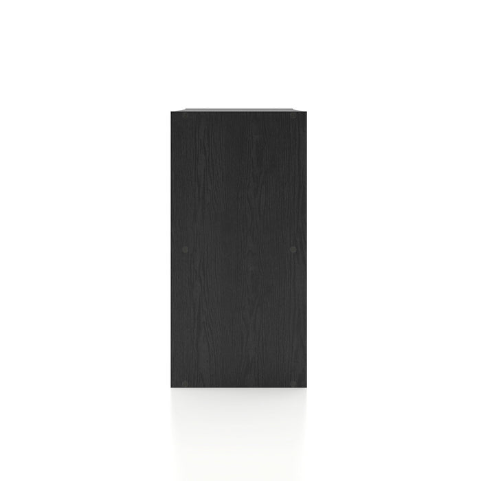 Front facing side view of a durable modern two-shelf black storage bookcase on a white background