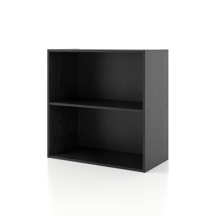 Left facing durable modern two-shelf black storage bookcase on a white background