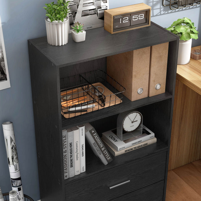 Right facing high-camera view of a durable modern two-shelf black storage bookcase in a larger modular configuration in a room with accessories