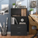 Front facing durable modern two-shelf black storage bookcase in a larger modular configuration in a room with accessories