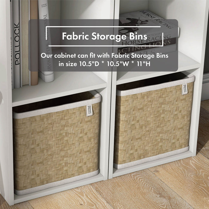 Fabric storage bins shown in a modern two-shelf slim bookcase with a white finish and accessories