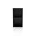 Front facing durable modern two-shelf slim black bookcase on a white background