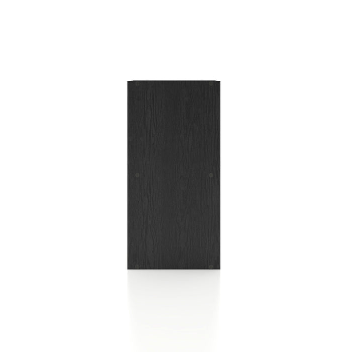 Front facing side view of a durable modern two-shelf slim black bookcase on a white background