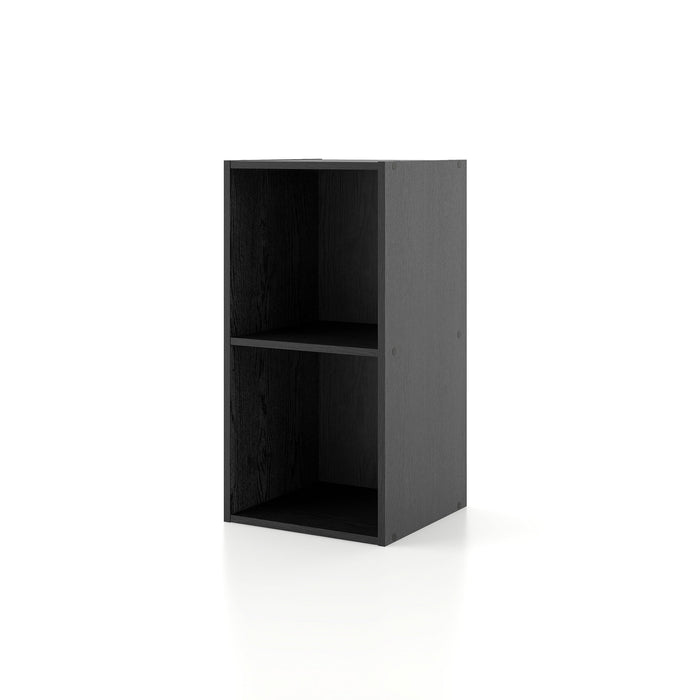 Left facing durable modern two-shelf slim black bookcase on a white background