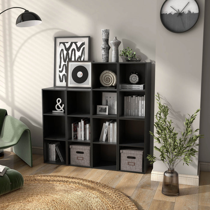 Left facing durable modern two-shelf slim black bookcase as part of a larger modular configuration in a room with accessories