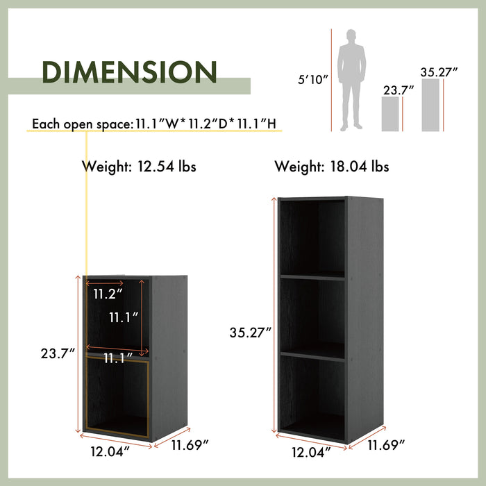 Dimensional image rendering of a durable modern two-shelf slim black bookcase that includes two views and dimensions