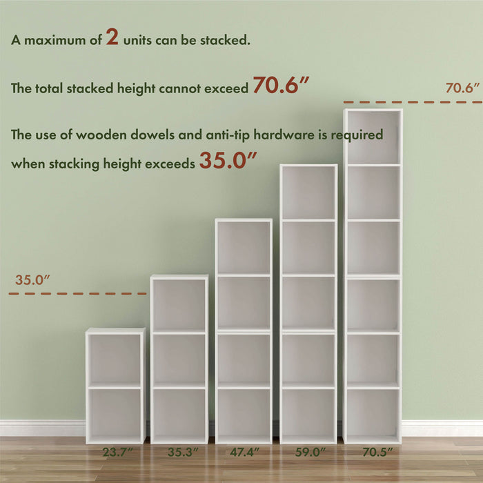 Informational image showing various stacking possibilities of a durable modern two-shelf slim bookcase in a larger modular configuration