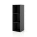 Left facing durable modern three-shelf slim black storage bookcase on a white background