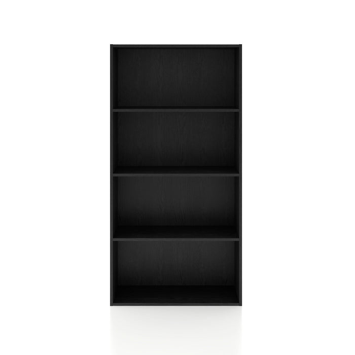 Front facing durable modern four-shelf black storage bookcase on a white background