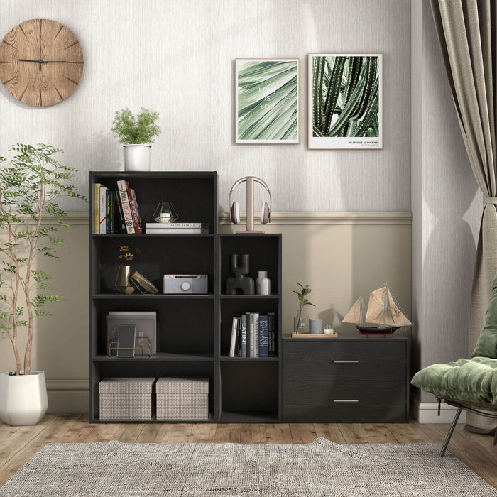 Front facing durable modern four-shelf black storage bookcase in a larger modular configuration in a room with accessories